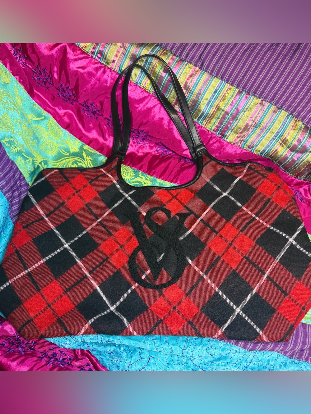 Victoria’s Secret Red And Black Plaid Logo Tote Shoulder Bag